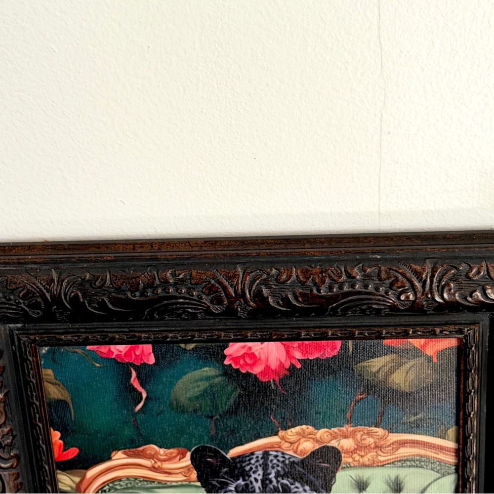 Fancy Black Panther on Vintage Couch Moody Floral Canvas Art Print Ornate Frame - Picture 5 of 9